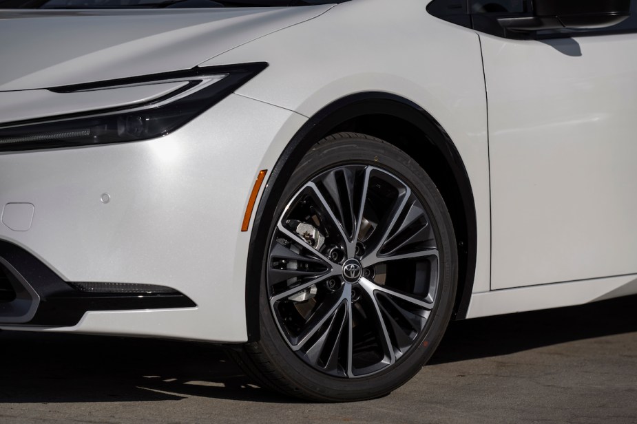 A white 2023 Toyota Prius closeup. 