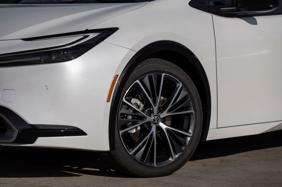 A white 2023 Toyota Prius closeup.