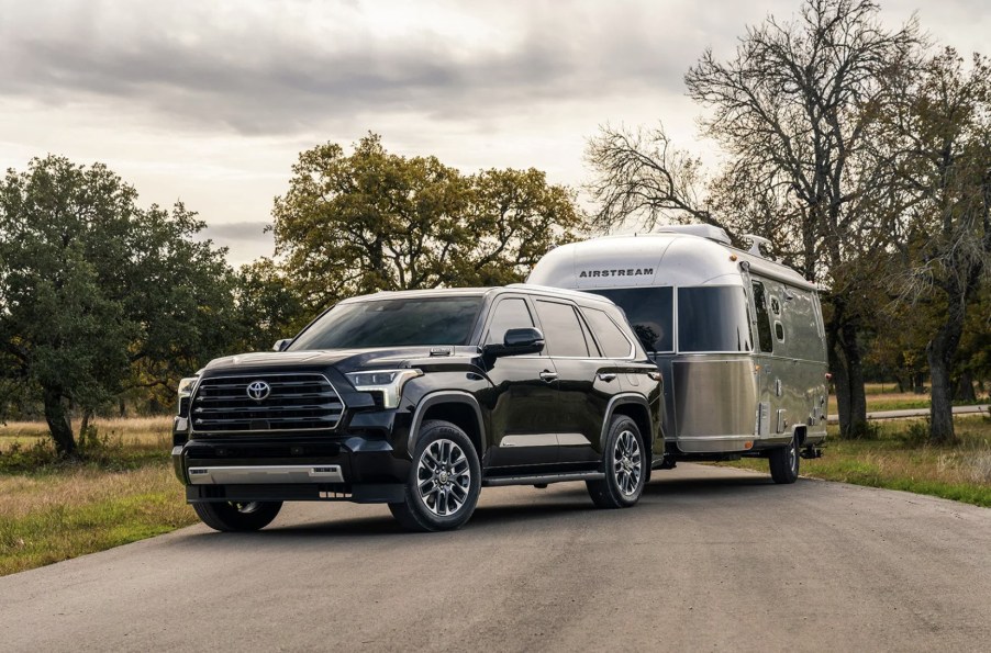 A Toyota Sequoia towing an airstream. This is one of the best towing SUVs on the market.