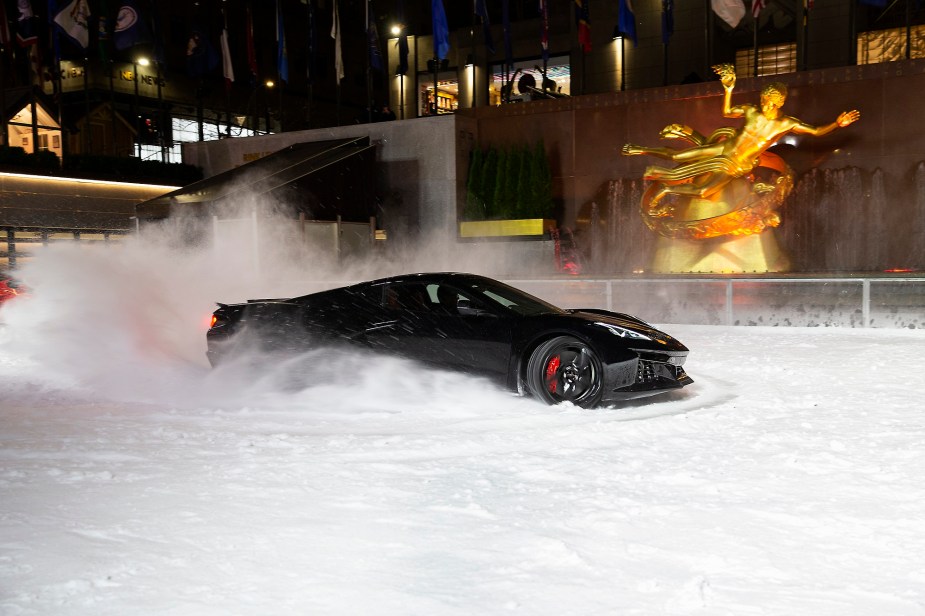 The new hybrid electric 2024 Chevrolet Corvette E-Ray uses its AWD platform to slide around Rockefeller Plaza in New York 