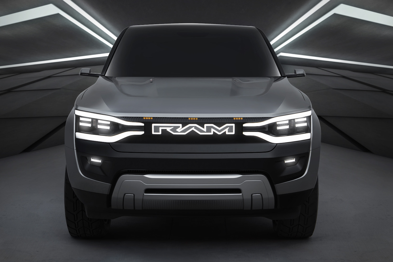 Ram logo in the grille of a 1500 Revolution electric vehicle concept.