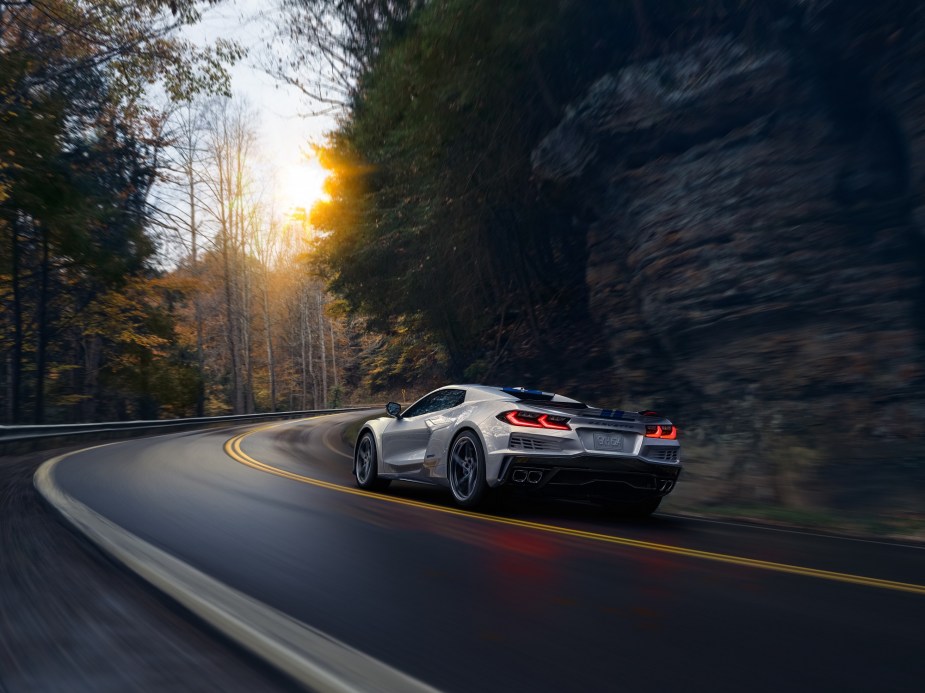 The new hybrid electric Corvette E-Ray takes a corner showing off its widebody. 