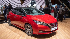 A red Nissan Leaf, which will become a used Nissan Leaf.