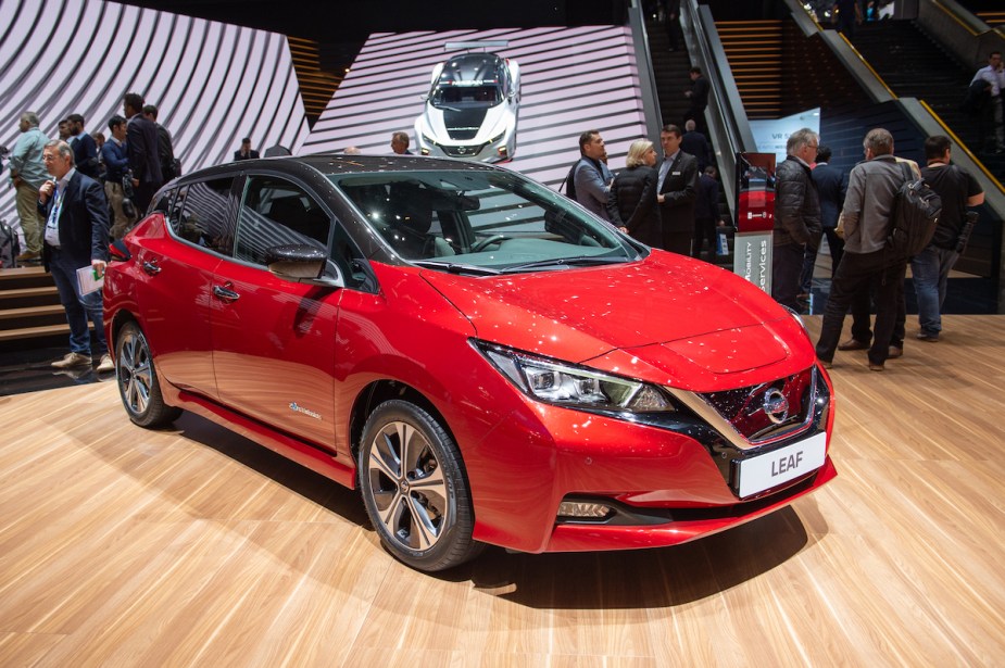 A red Nissan Leaf, which will become a used Nissan Leaf. 