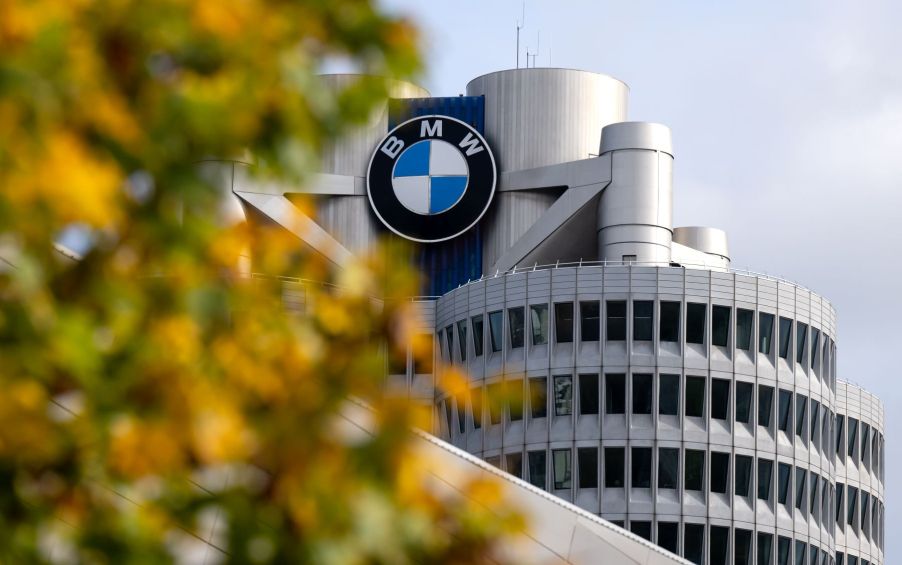 The BMW logo on the company's headquarters located in Bavaria, Munich, Germany