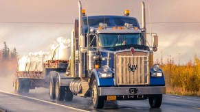 Front angle view of blue truck, highlighting radioactive device that fell off truck in Australia