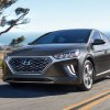 Front angle view of gray 2022 Hyundai IONIQ Hybrid, cheapest new Hyundai hybrid and car with best gas mileage