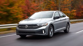 Front angle view of silver 2023 VW Jetta, the cheapest new Volkswagen car