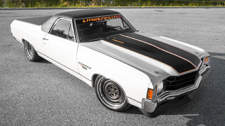 Front angle view of white electric Chevy El Camino Concept car, highlighting if Chevrolet will make an EV version