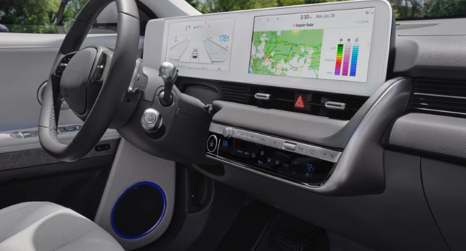 The interior of a Hyundai Ioniq 5 small electric SUV. 