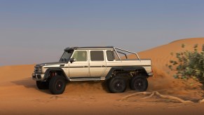 A gray Mercedes-Benz G 63 AMG 6x6 truck in the dessert.