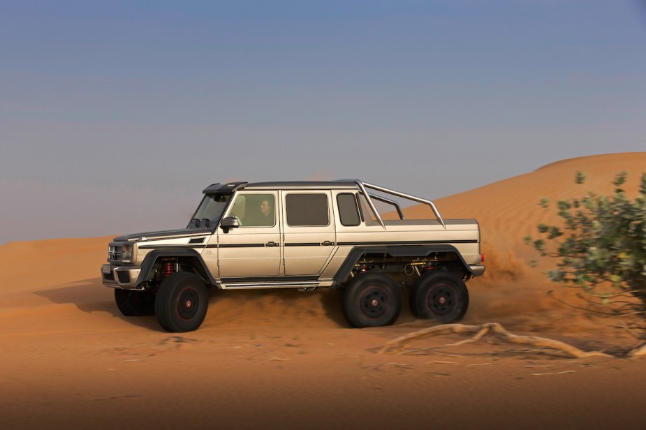 A gray Mercedes-Benz G 63 AMG 6x6 truck in the dessert.