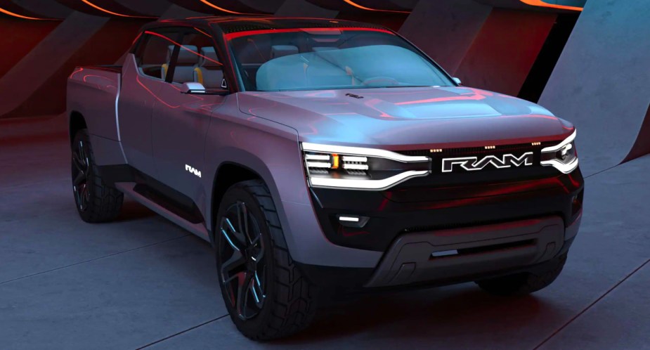 A gray Ram Revolution BEV concept electric full-size pickup truck.