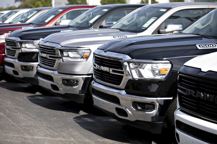 A row of Ram trucks where people could be looking for the lowest insurance cost with a recent accidentAccident