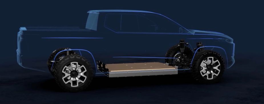 Illustration of the skateboard chassis drivetrain of the Ram 1500 Revolution pickup truck.