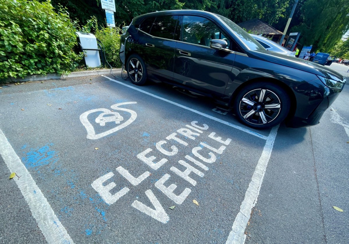 An electric vehicle (EV) charging station parking spot at a car park in Bath, England