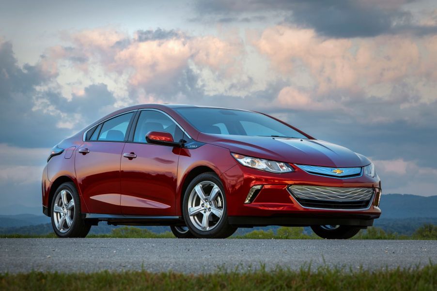 A red 2019 Chevrolet Chevy Volt plug-in hybrid electric vehicle (PHEV) model