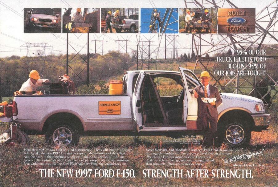 A print advertisement for the 1997 Ford F-150 pickup truck with Henkels & McCoy