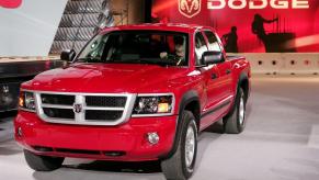 A red 2008 Dodge Dakota pickup truck presented at the 2008 Chicago Auto Show