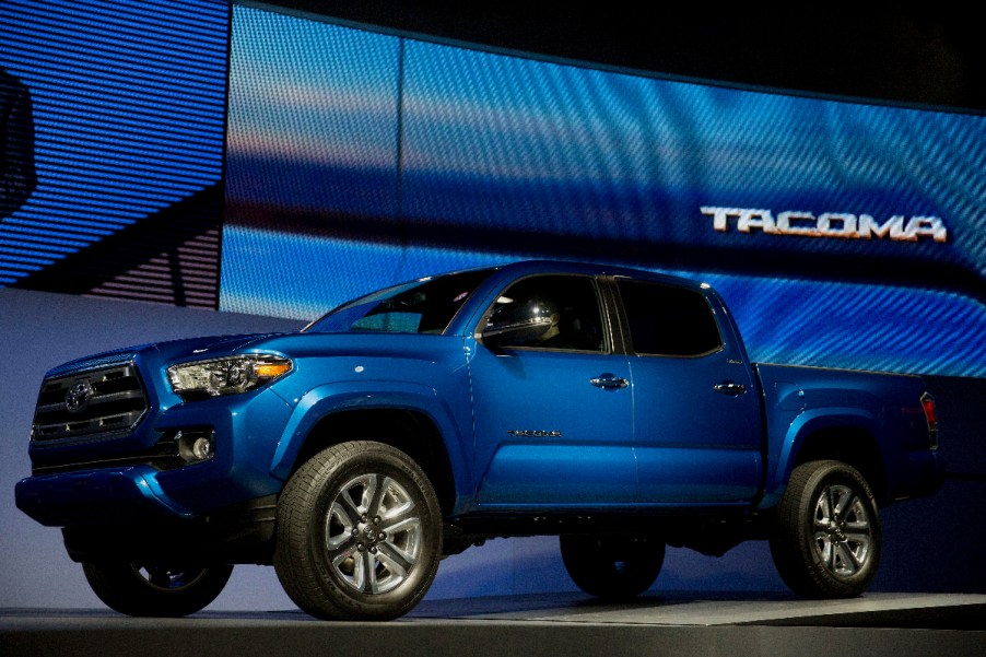 A 2015 Toyota Tacoma mid-size truck shows off. It can be found used for around $20,000.