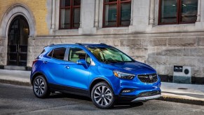 A blue 2018 Buick Encore, which is now a used subcompact SUV.