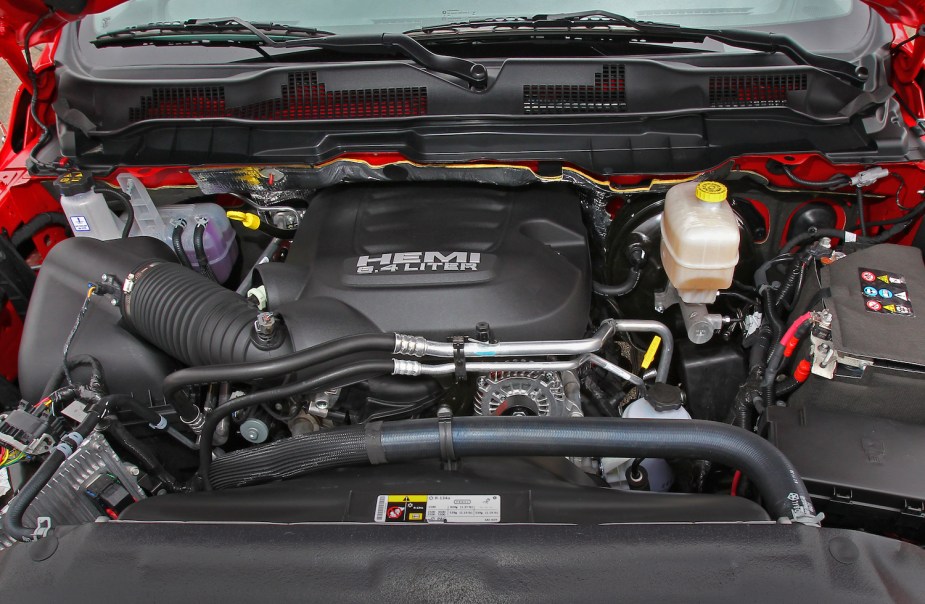 A 2018 Ram 2500 Power Wagon with its hood up so you can see its engine bay with its problematic totally integrated power module (TIPM) visible on the fender well.