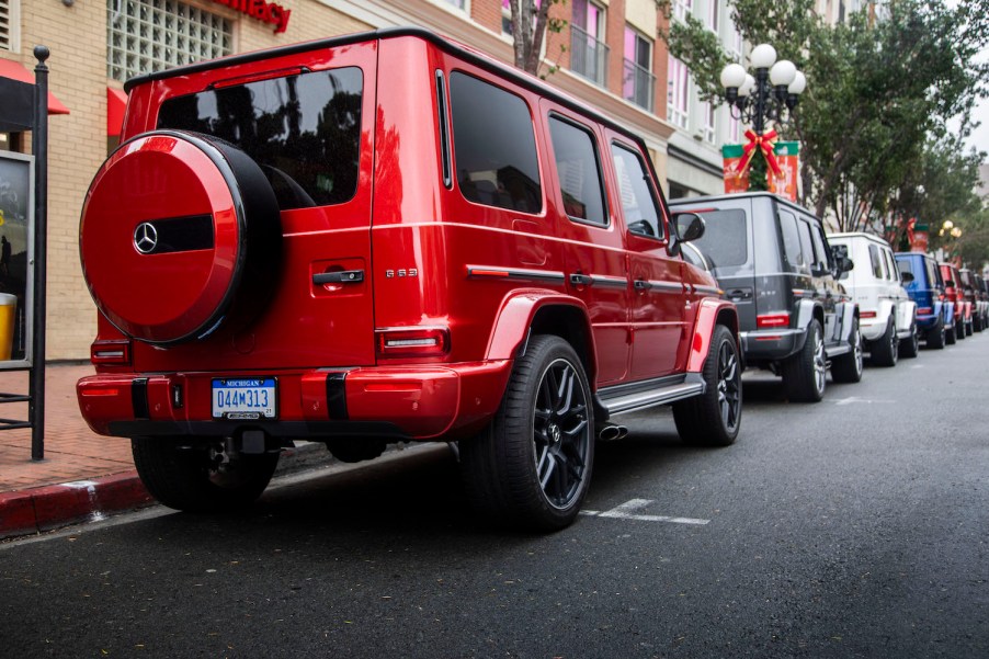 A row of 2019 Mercedes-Benz G550s parked on the street to commemorate the launch of the 2nd generation G Class.