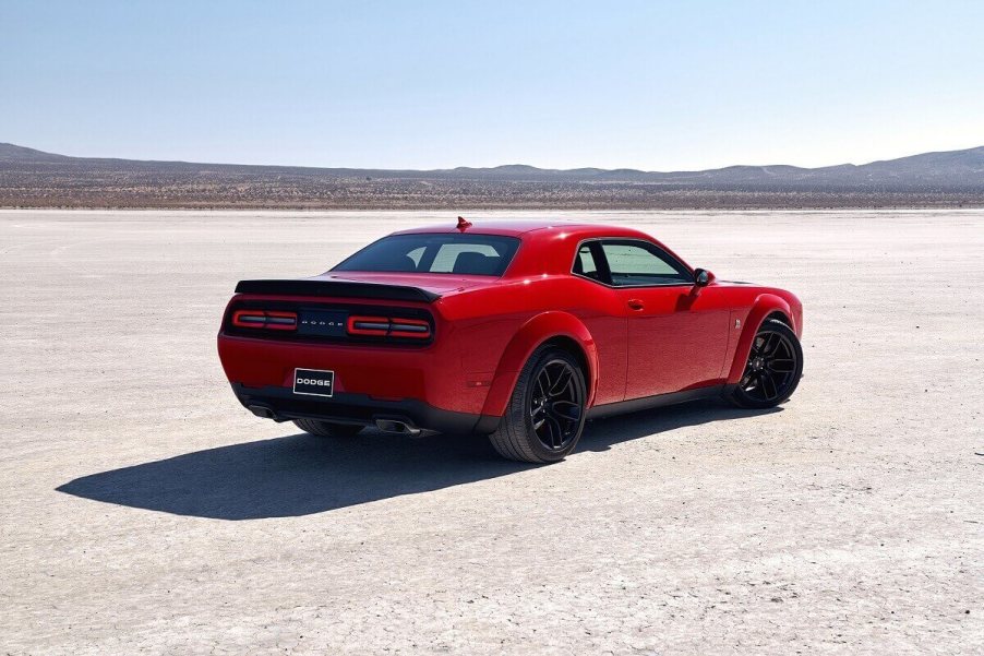 A 2023 Dodge Challenger SRT Hellcat Widebody shows off its muscle car styling and large proportions.