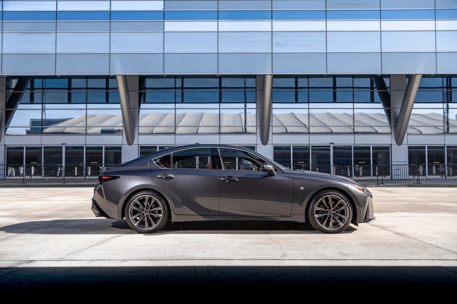 A Lexus IS 350 shows off its luxury styling and dark gray paint. 