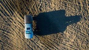 This is a bird's-eye view of a full-size Ram pickup truck built by Stellantis with a V8 engine.