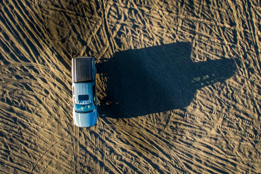 This is a bird's-eye view of a full-size Ram pickup truck built by Stellantis with a V8 engine.