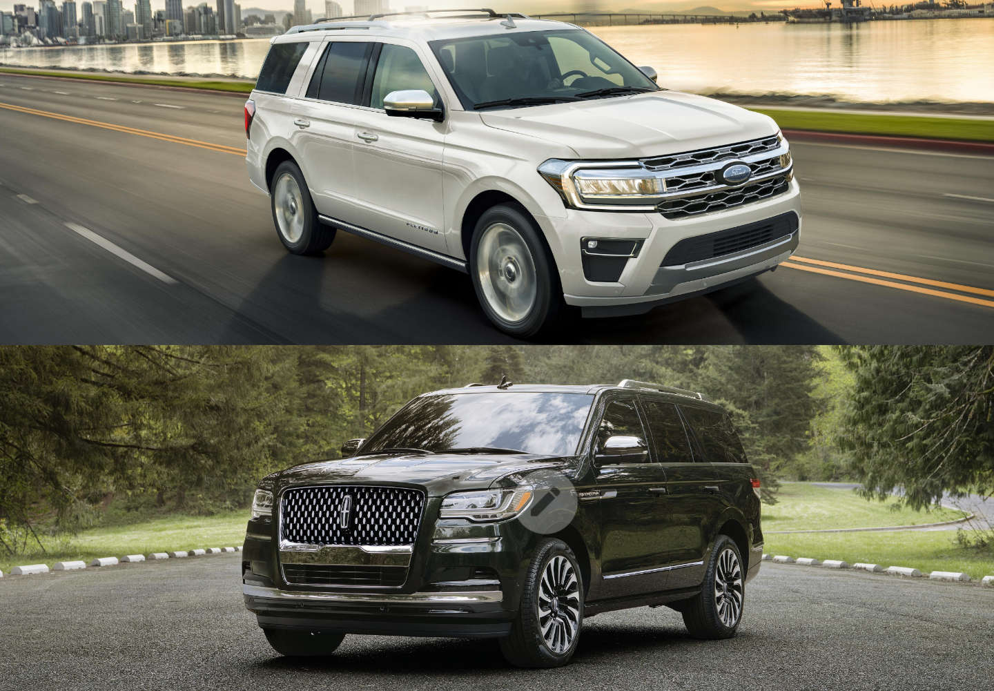 A white 2023 Ford Expedition and a black 2023 Lincoln Navigator