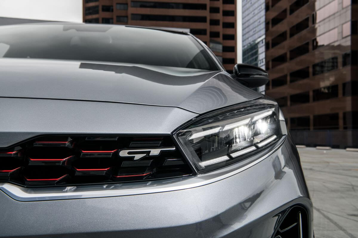 GT grille badging on a 2023 Kia Forte GT compact sedan model