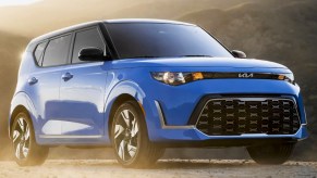 A blue 2023 Kia Soul subcompact SUV is parked outdoors.