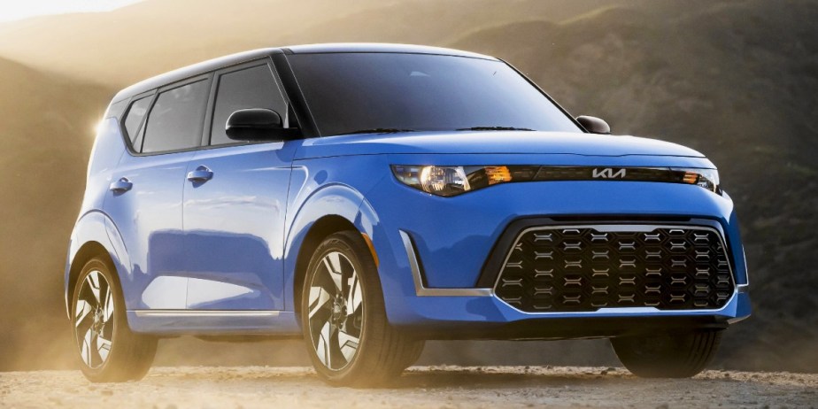 A blue 2023 Kia Soul subcompact SUV is parked outdoors.