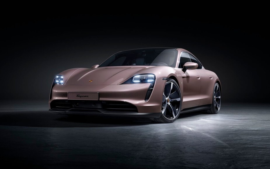 A Porsche Taycan luxury EV shows off its LED lights.