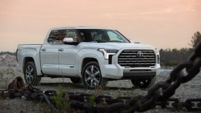 The 2023 Toyota Tundra Hybrid Capstone in front of a pink sky