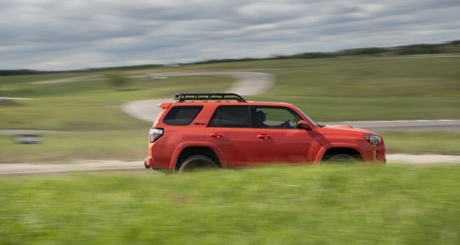 This orange 2023 Toyota 4Runner TRD Pro is available with both 4WD and a 3rd row of seating, for under $50k.