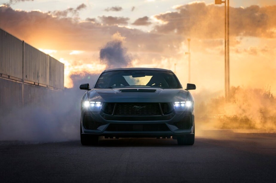 A new 2024 Ford Mustang shows off its fascia, which looks not unlike a Shelby GT500 from the last generation. 