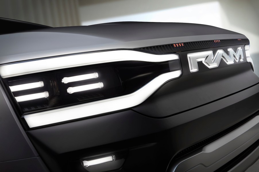 Closeup of the grille and badging of the Ram Revolution electric concept truck which might preview the new TRX.