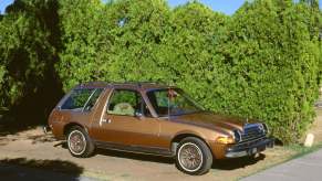 A brown AMC Pacer in front of a green bush