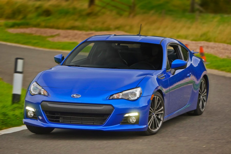 A blue Subaru BRZ, which makes people wonder why BRZ stands for.