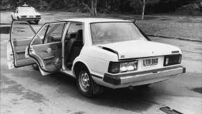 A Datsun Bluebird model pictured in 1983 after a car fire