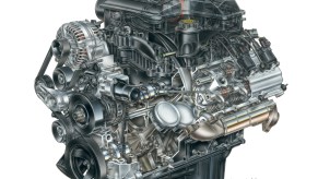 Hand-drawn cutaway of a 5.7-liter Hemi V8 engine from a Ram truck published by Dodge and Stellantis.