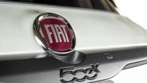 Make and model badging on the trunk of a Fiat 500X subcompact crossover SUV model