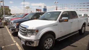 A white 2013 Ford F-150 sits at a dealership, it is a cheap and reliable full-size truck.