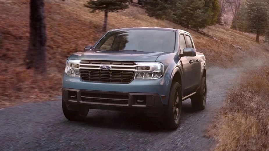 Front angle view of blue 2023 Ford Maverick, best pickup truck with the slowest 0-60 time