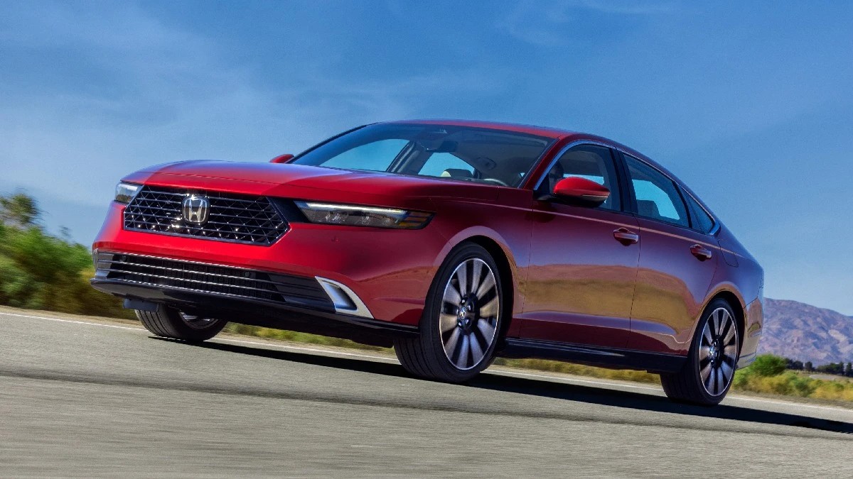 Front angle view of red 2023 Honda Accord midsize sedan