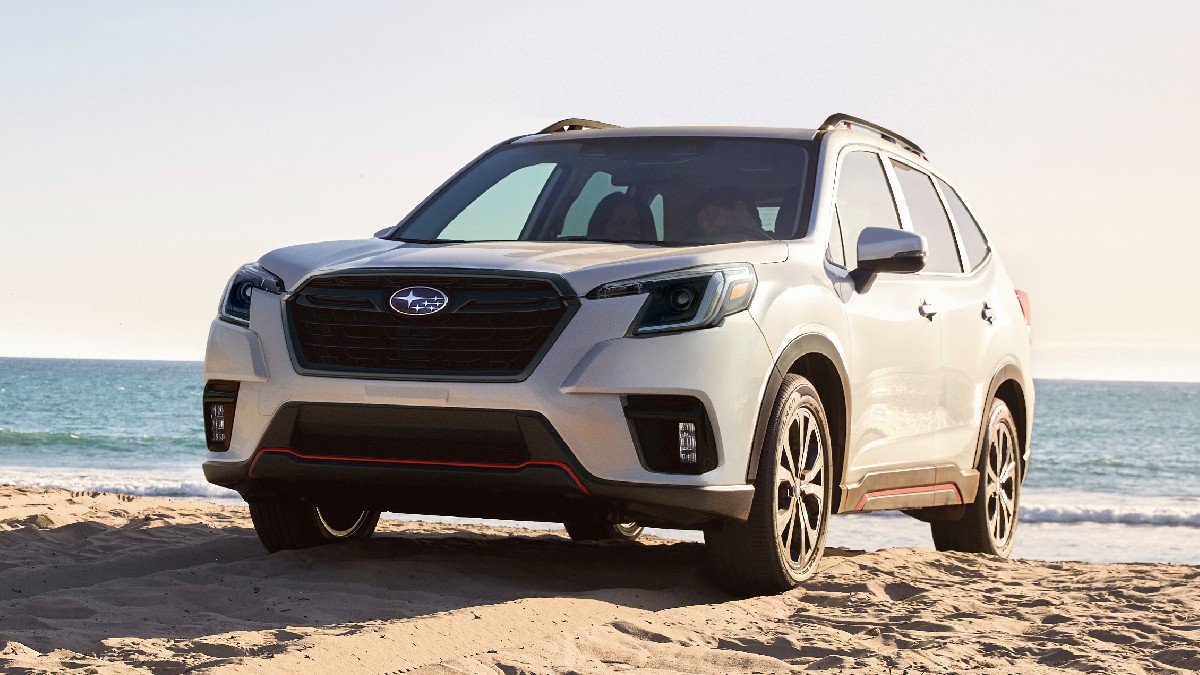 Front angle view of white 2023 Subaru Forester crossover SUV