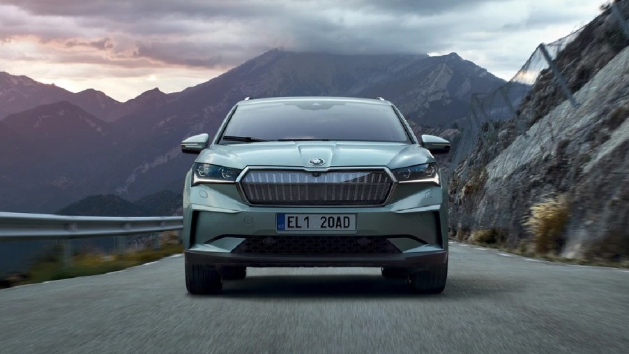 Front view of Skoda Enyaq iV, showing study that says smartest drivers with highest IQ drive Skoda car brand